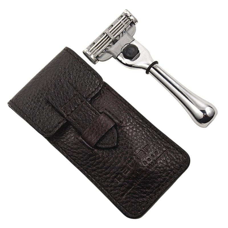 Parker Travel Razor - Compact Chrome Brass Handle | Compatible with Gillette® Mach3® Cartridges, Premium Leather Case for Men