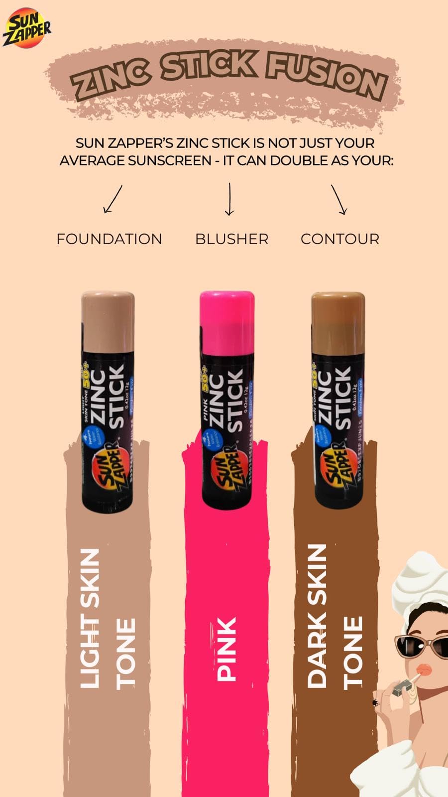 Sun Zapper Zinc Sunscreen Stick Beauty 3-Pack SPF 50+ (Light, Dark, Pink) – Tinted Mineral Sunscreen for Face, Makeup SPF Blush Stick, Water Resistant, Travel Size 12g (0.42 oz) each, Australian Made