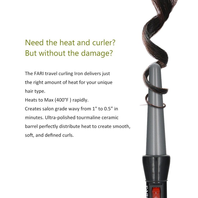 Travel Mini Hair Curling Iron Wand - Ceramic Tourmaline Coating, Dual Voltage | Fast Heating, Black