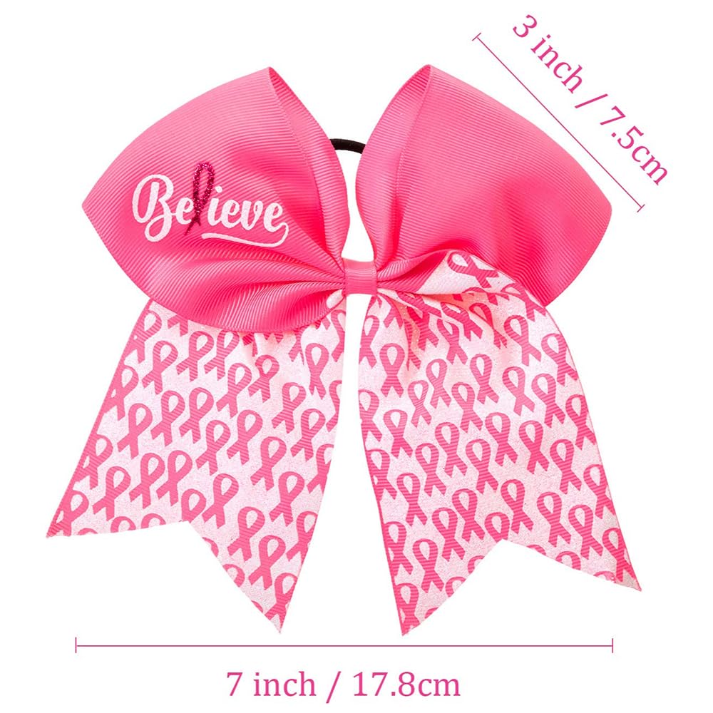 20 Pieces 7 Inch Breast Cancer Awareness Cheer Bows Pink Ribbon Hair Band Elastic Scrunchies Cheerleading with Hair Band Hair Accessories for Teens Women (Believe）