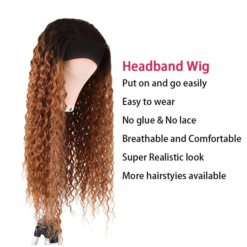 Ombre 1B30 Deep Wave Headband Wig - 12 Inch Brown Human Hair | 130% Density Brazilian Virgin Hair