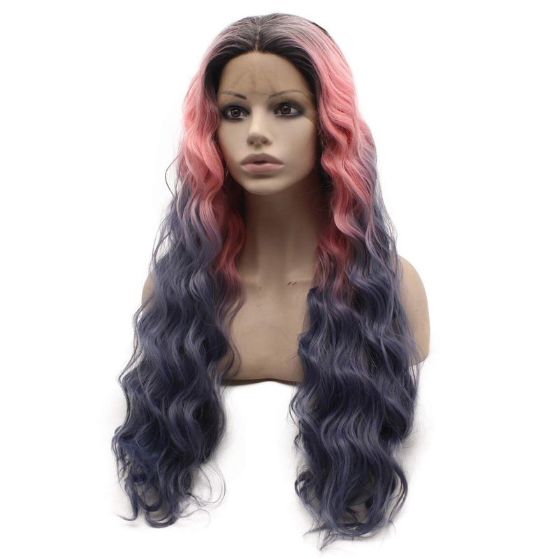 Long Dark Roots Pink Gray Ombre Cosplay Wig - Heat Friendly Lace Front