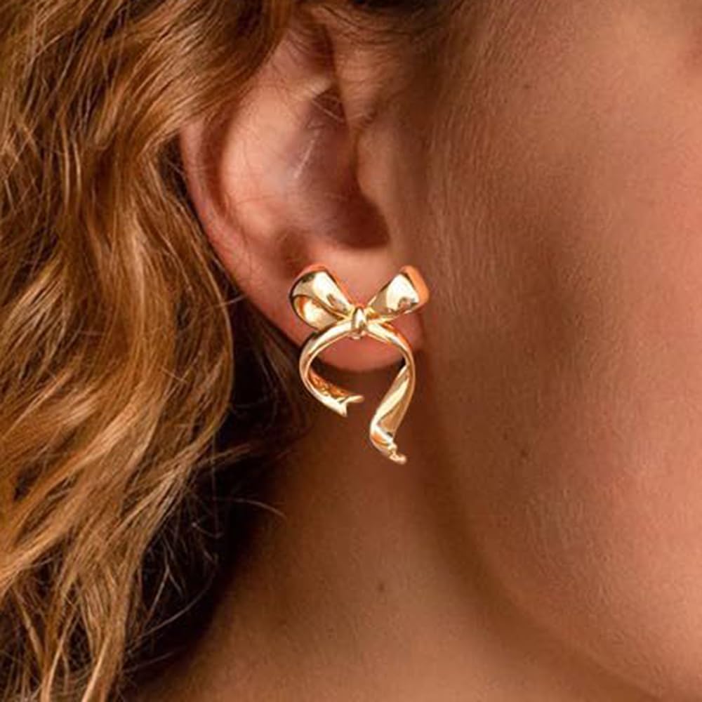 Doubnine BowKnot Earrings Gold Ribbon Stud Golden Bow Cute Christmas Wedding Jewelry for Women
