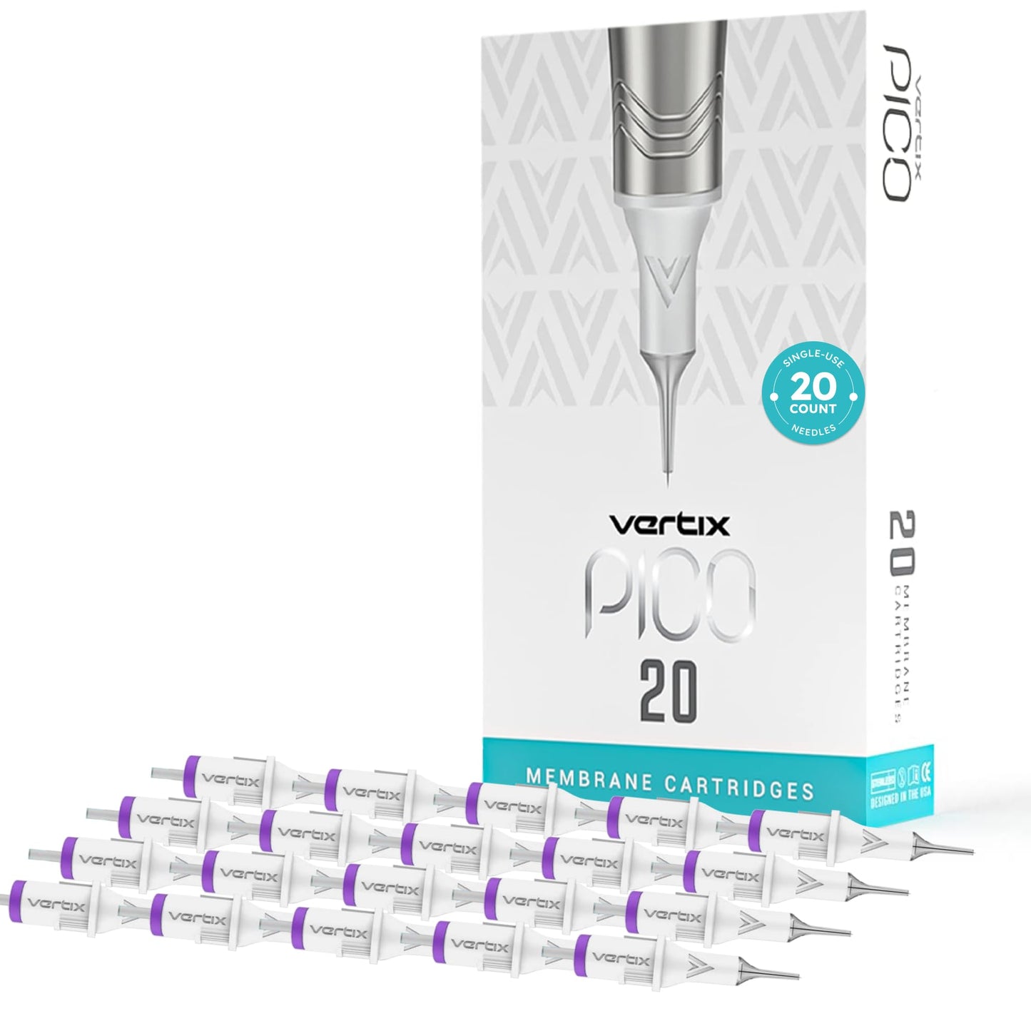 Vertix - Pico Membrane Cartridge Tattoo Needles - 9 Sloped - 0.25mm Long Taper - Maximize Ink Flow & Saturation (20 Count)