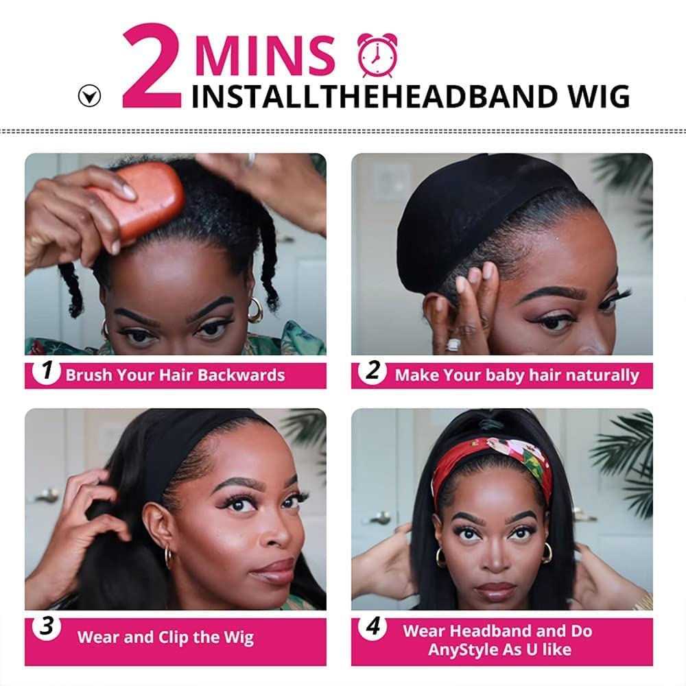 WENYAN Deep Wave Headband Wig Human Hair 12 Inch Curly Glueless Wigs #1B