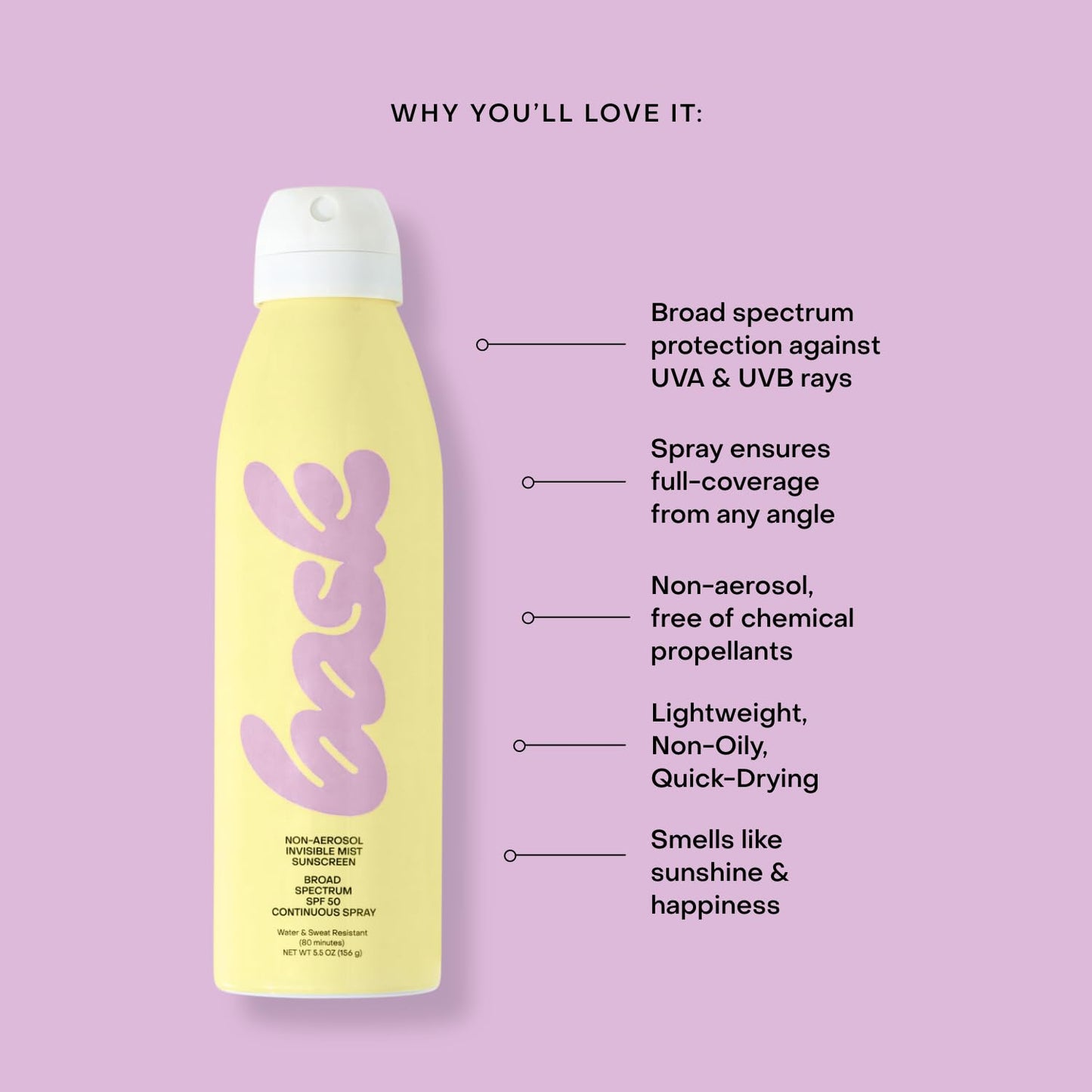 Bask SPF 50 Sunscreen Spray - Non-Aerosol, Broad Spectrum UVA/UVB Protection, Dermatologist Recommended, Moisturizing, Lightweight & Non-Greasy, 5.5 oz