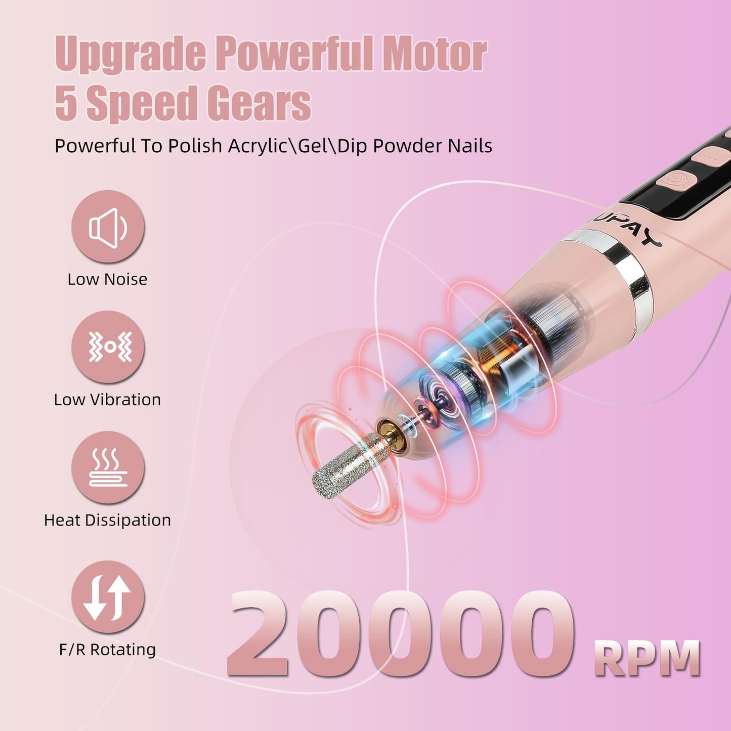 GUPAY Electric Nail Files, Cordless Rechargeable Nail Drill Machine for Natural Acrylic Gel Nails, Professional Portable Efile Manicure Pedicure Kit for Girl Women Mum Home Use Beginners