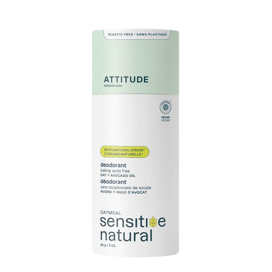 ATTITUDE Baking Soda Free Deodorant for Sensitive Skin with Oatmeal and Avocado Oil, EWG Verified, Aluminum Free, Plastic-Free, 3 Ounces