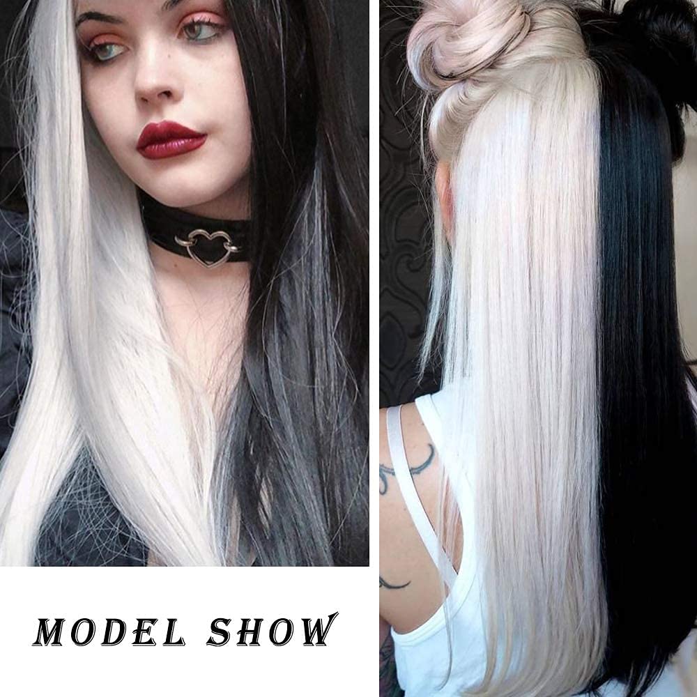 Sylvia 24inches Half Balck and Half White 2 Tones Side Parting Naural Glueless Hairstyle Heat Resistant Synthetic Lace Front wigs for Women