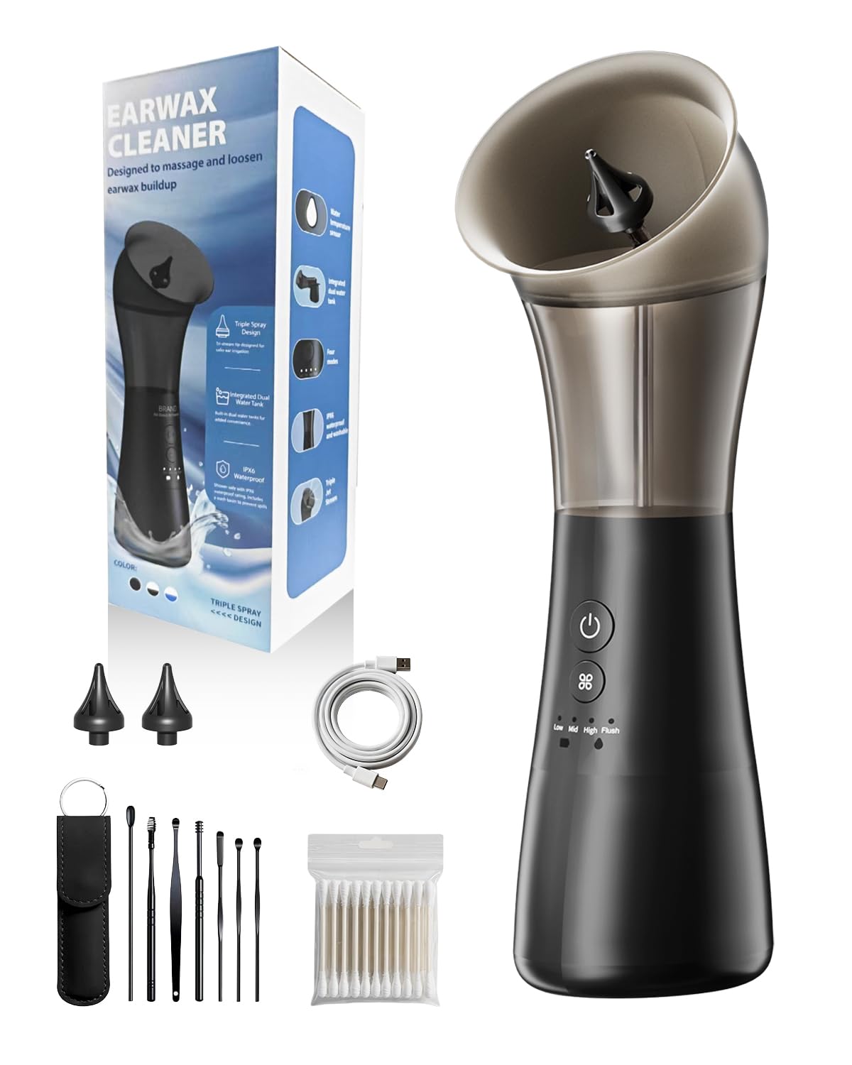 Ear Wax Removal Kit with Integrated Waste Tank, Safe Water Ear Cleaner with Temperature Sensor, 4 Pressure Modes for Varying Earwax Levels – Effective Smart Electric Ear Cleaning for Family Use