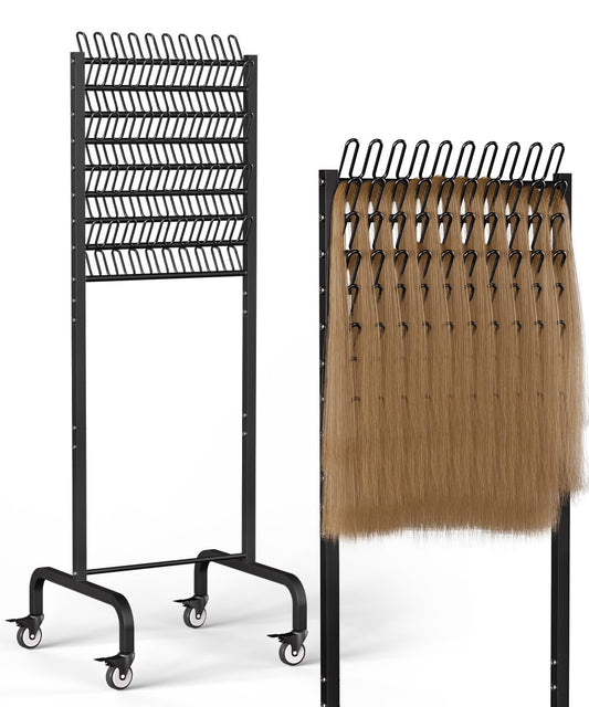 Tigerden 90 Pegs Braiding Hair Rack, Adjustable Metal Hair Separator Stand with Wheels, Hair Extension Holder for Hair Stylists, Braiders, Home, Salon, Beauty School, Black