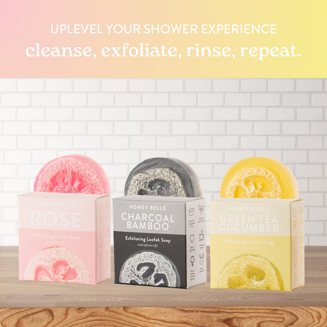 Honey Belle Charcoal Bamboo Exfoliating Loofah Soap 2-Pack - Exfoliating Bar Soap with Loofah Inside - Cleansing, Moisturizing, Nourishing, Scrubby Soap - Plant-Based, Eco-Friendly, Vegan