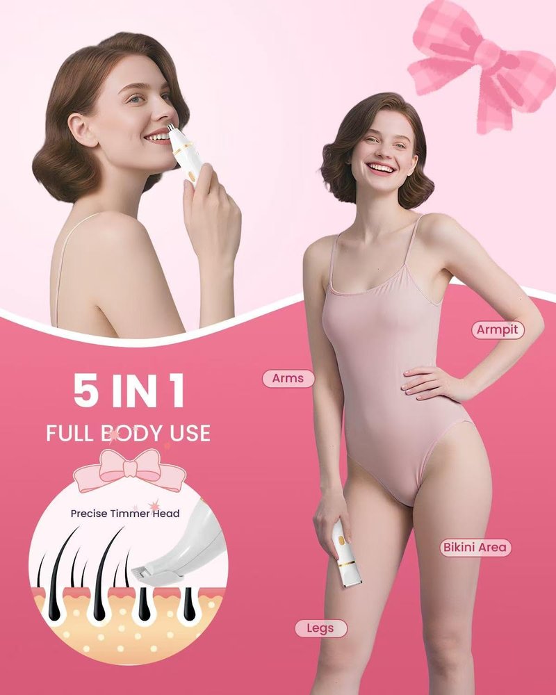 Bikini Trimmer for Women - 5-in-1 Electric Razor for Sensitive Skin | Waterproof Hair Removal Shaver - White
