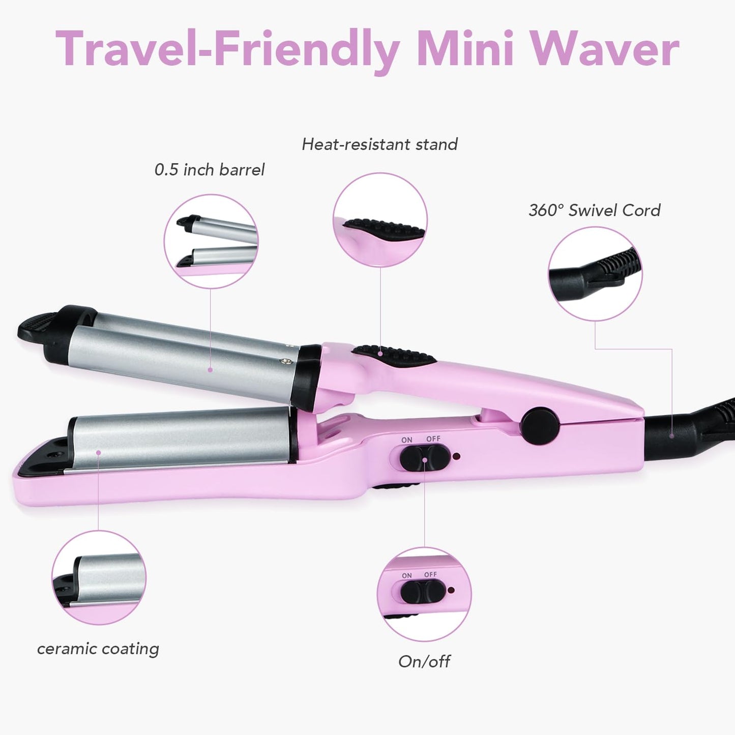 Ouphiny Mini Hair Crimper, 3 Barrel Curling Iron 1/2 Inch with Dual Voltage, Travel Beach Waver Curling Iron for Short to Medium Hair, Purple