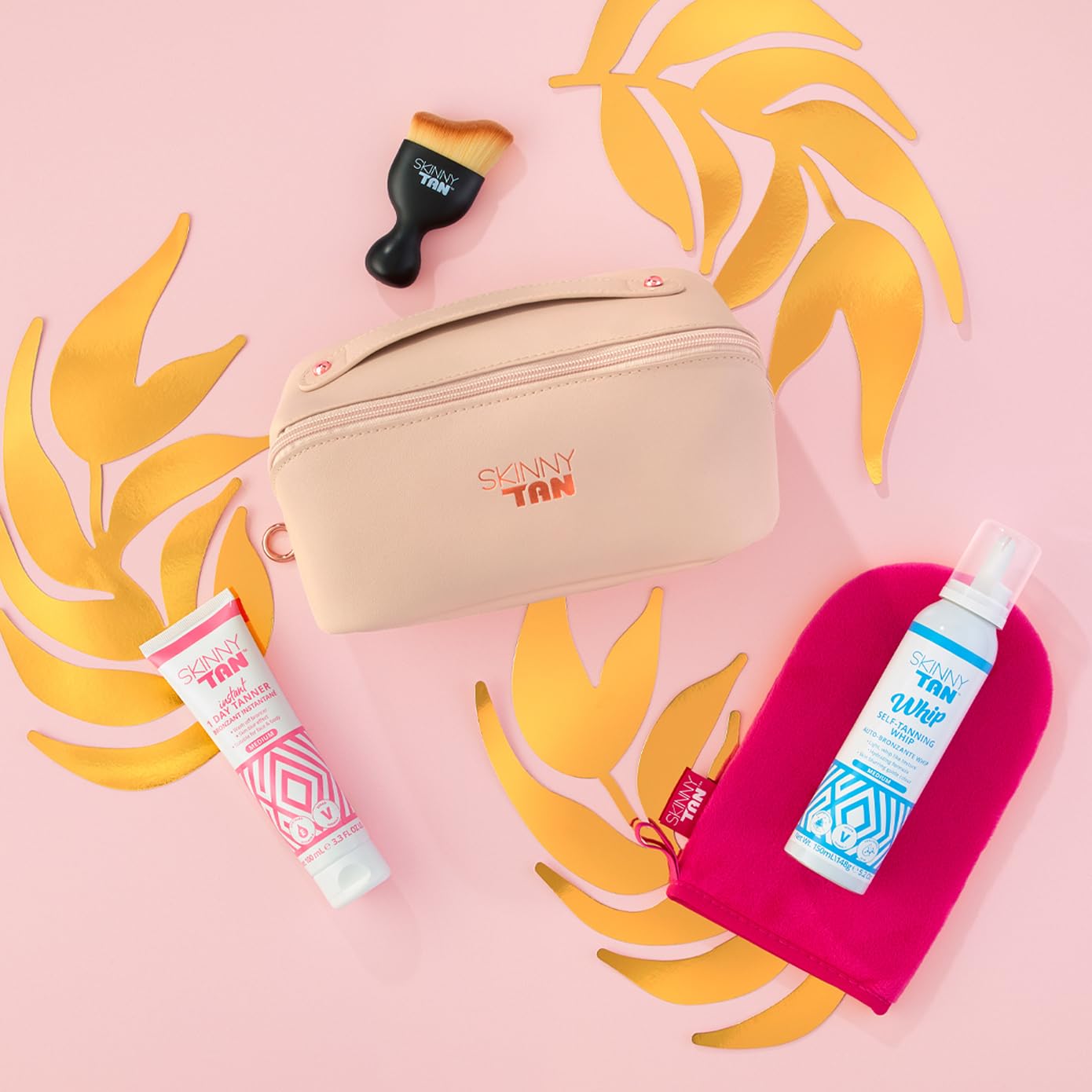 Your Perfect Glow Collection Set by Skinny Tan for Women - 4 Pc Gift Set 5oz Self Tanning Whip, 1oz Day Instant Tanner, Miracle Blush, Pink Velvet Tanning Mit