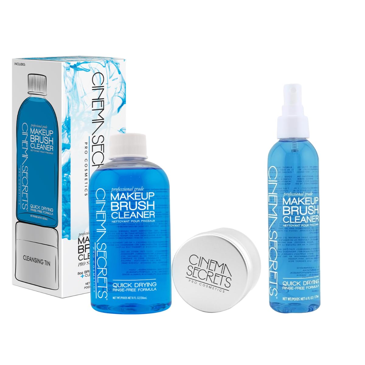 Cinema Secrets Makeup Brush Cleaner 8oz Kit with Tin & 6oz Spray Bottle - Professional Cleanser for Makeup Brushes - Quick-Drying, Rinse-Free Formula - Removes Stubborn Waterproof Make Up (2 Products)