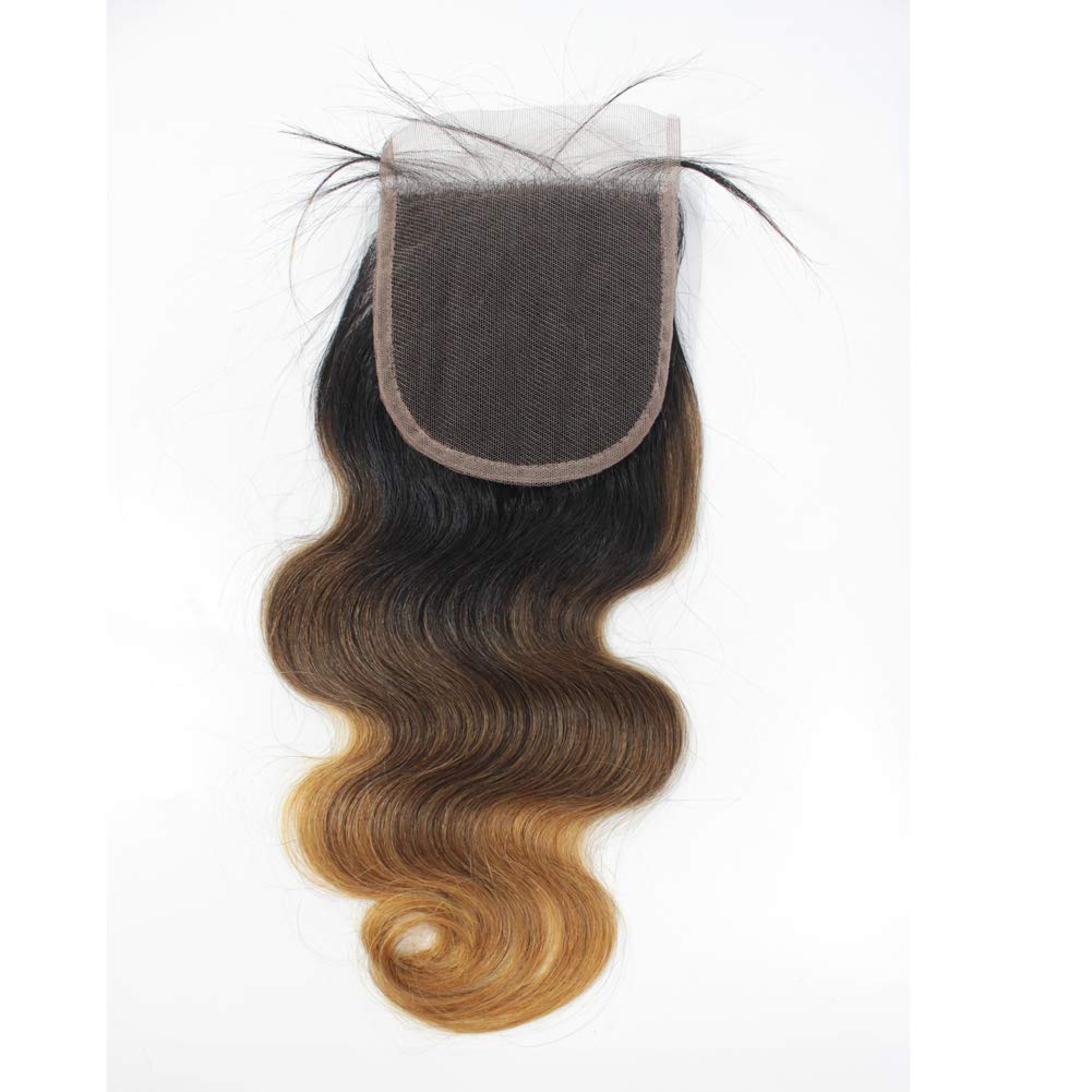 Forawme 14 Inch Free Part 4X4 Top Closure Pre Plucked 1B/4/27 Ombre Body Wave Human Hair Lace Closure With Natural HairlineSoft Braziian Virgin Hair Pieces