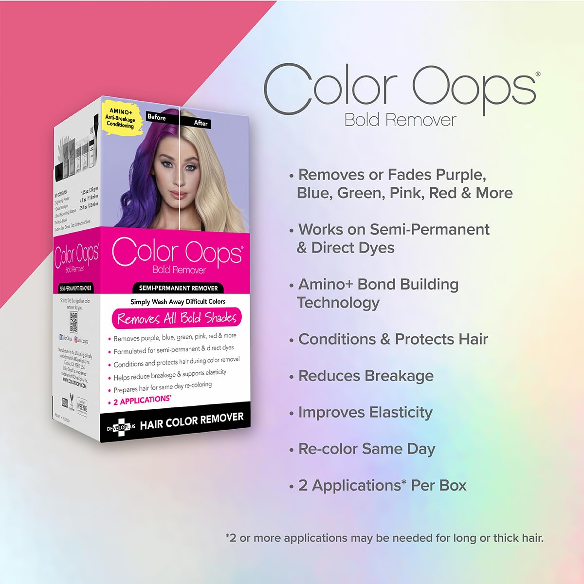 Color Oops Bold Remover, 2 Applications, Hair Dye Remover Safely Removes Direct Dyes and Semi Permanent Hair Color, Recolor The Same Day, Vegan & Cruelty Free