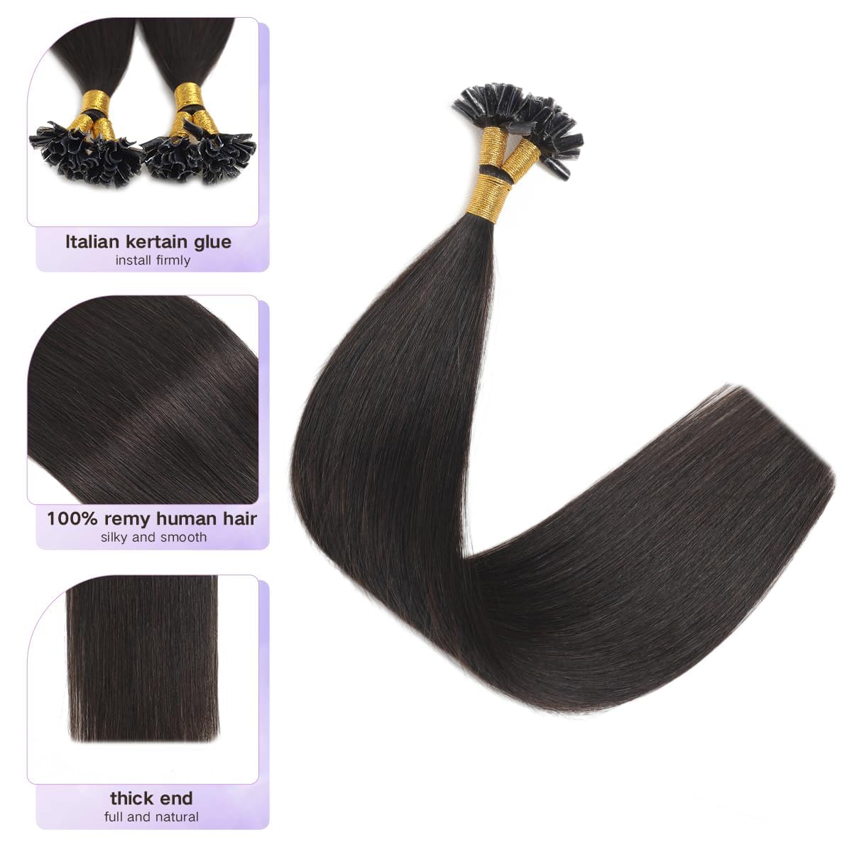 Sindra U Tip Hair Extensions - 18 Inch Natural Black Keratin Human Hair | 50 Strands Hot Fusion U-Tip