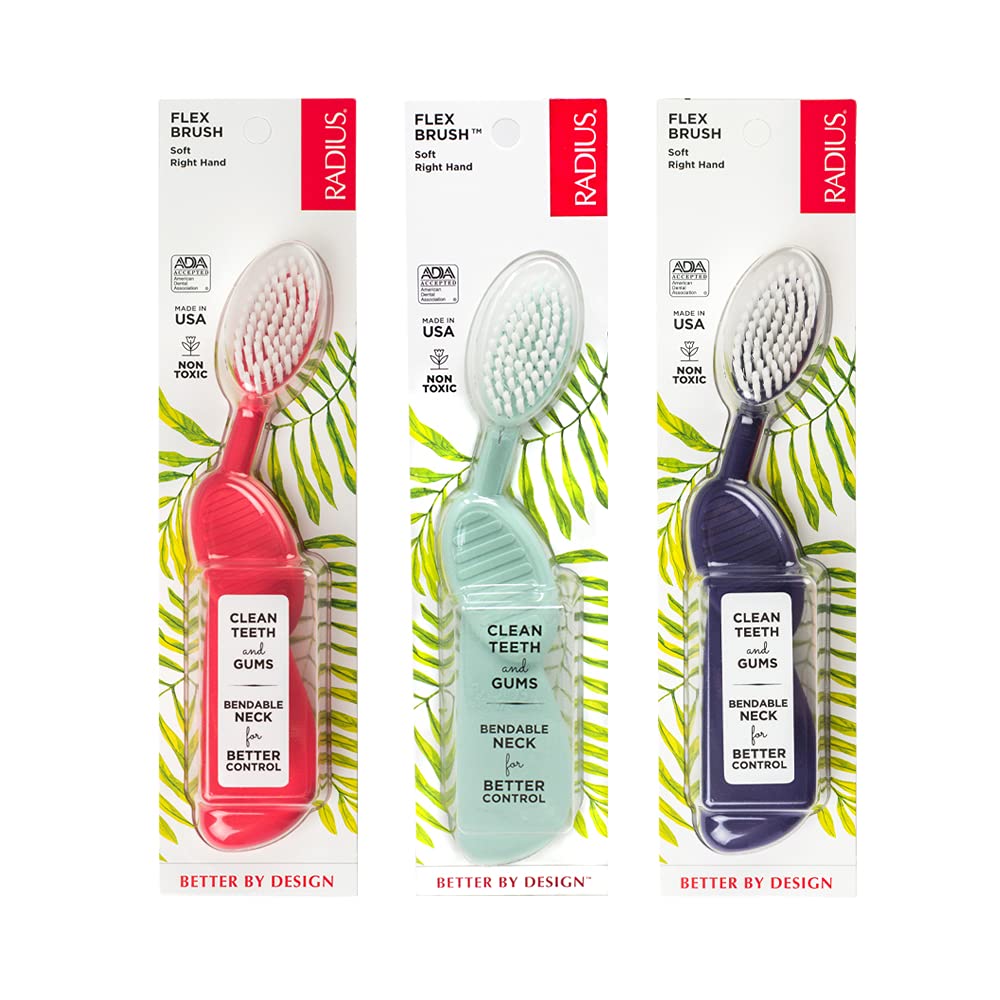 RADIUS Toothbrush Flex Brush BPA Free & ADA Accepted Designed to Improve Gum Health & Reduce Gum Issues - Right Hand - Purple/Watermelon/Mint - Pack of 3