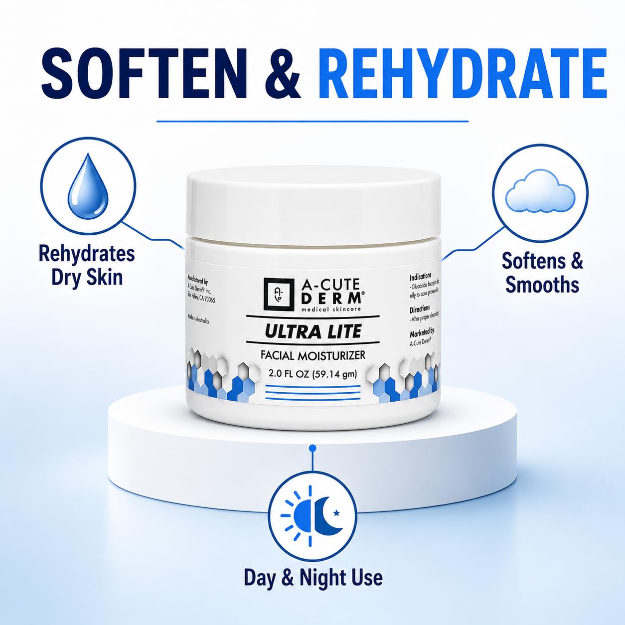 A-Cute Derm Ultra Lite Facial Moisturizer for Dry Skin | Helps in Soften and Rehydrate Skin | Day and Night Cream (2.0 oz)