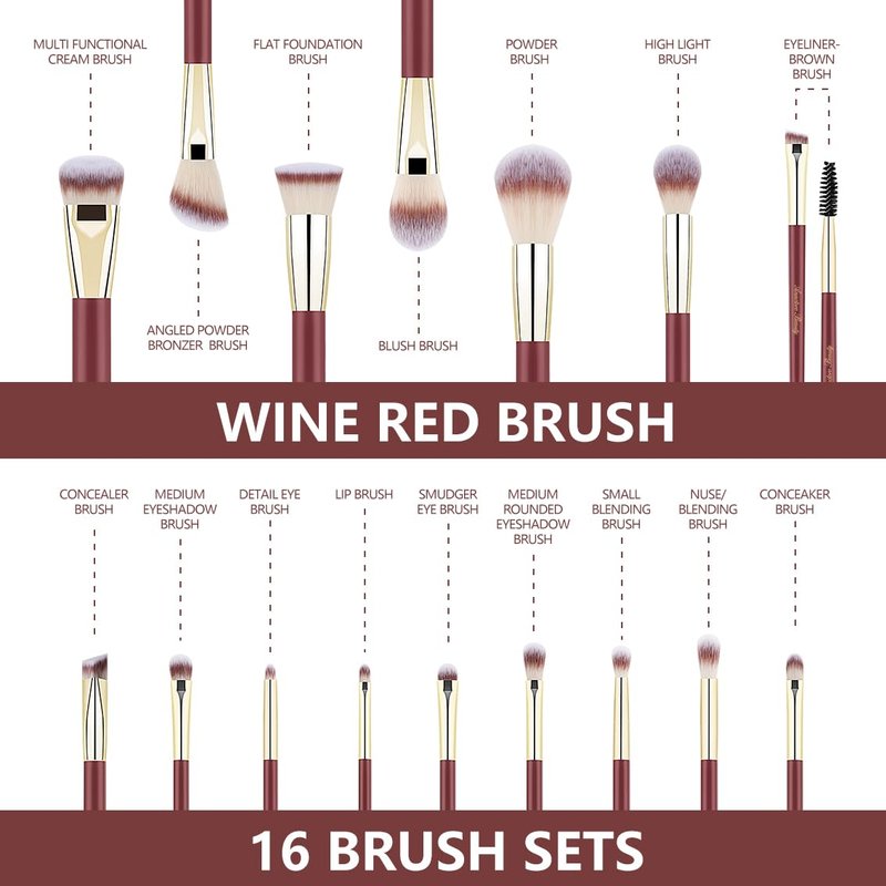 Anactoro Beauty Travel Makeup Brush Set, 16 Professional Vegan Matte Wood Handle Red Gold Makeup Brushes Set and 2 Makeup Sponges, ON-THE-GO Make up Brushes Set with Case (Red)