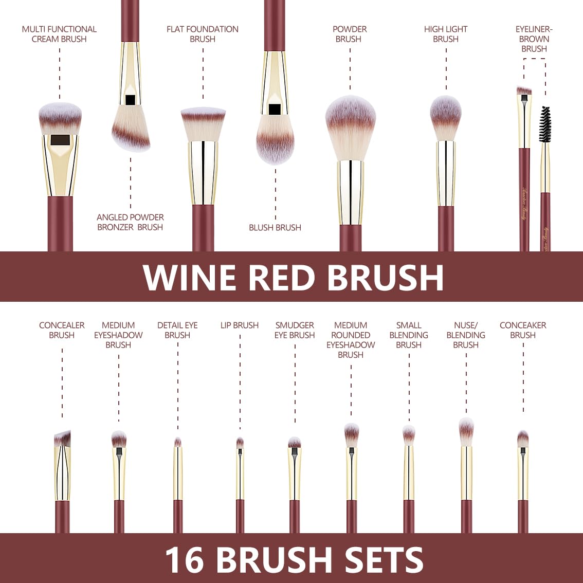 Anactoro Beauty Travel Makeup Brush Set, 16 Professional Vegan Matte Wood Handle Red Gold Makeup Brushes Set and 2 Makeup Sponges, ON-THE-GO Make up Brushes Set with Case (Red)