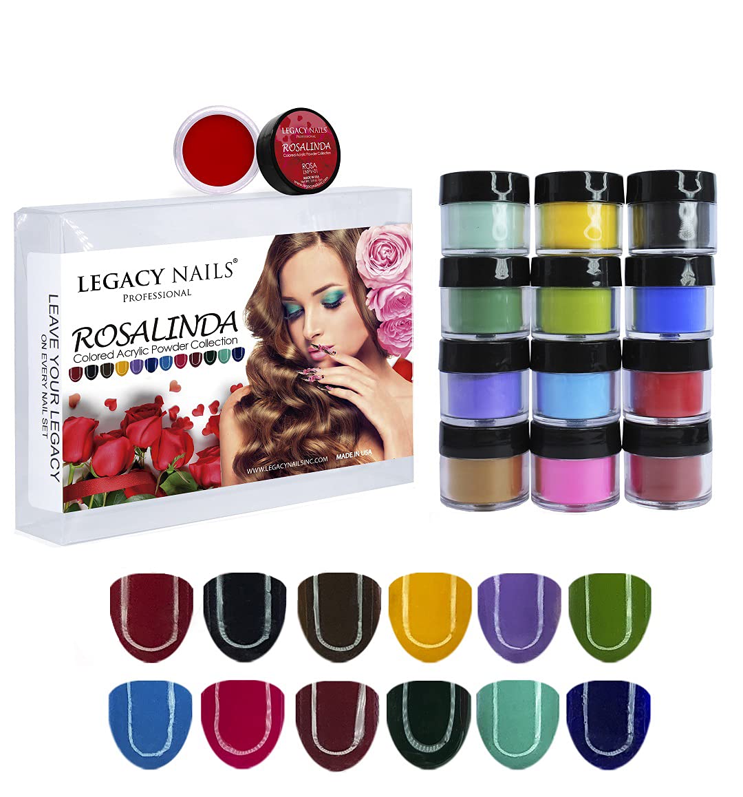 Legacy Nail Acrylic Powder Collections - 12 Colors Professional Nail Art Powder Set Manicure DIY for Dip & Acrylic Nail Extensions (Rosalinda Collection)