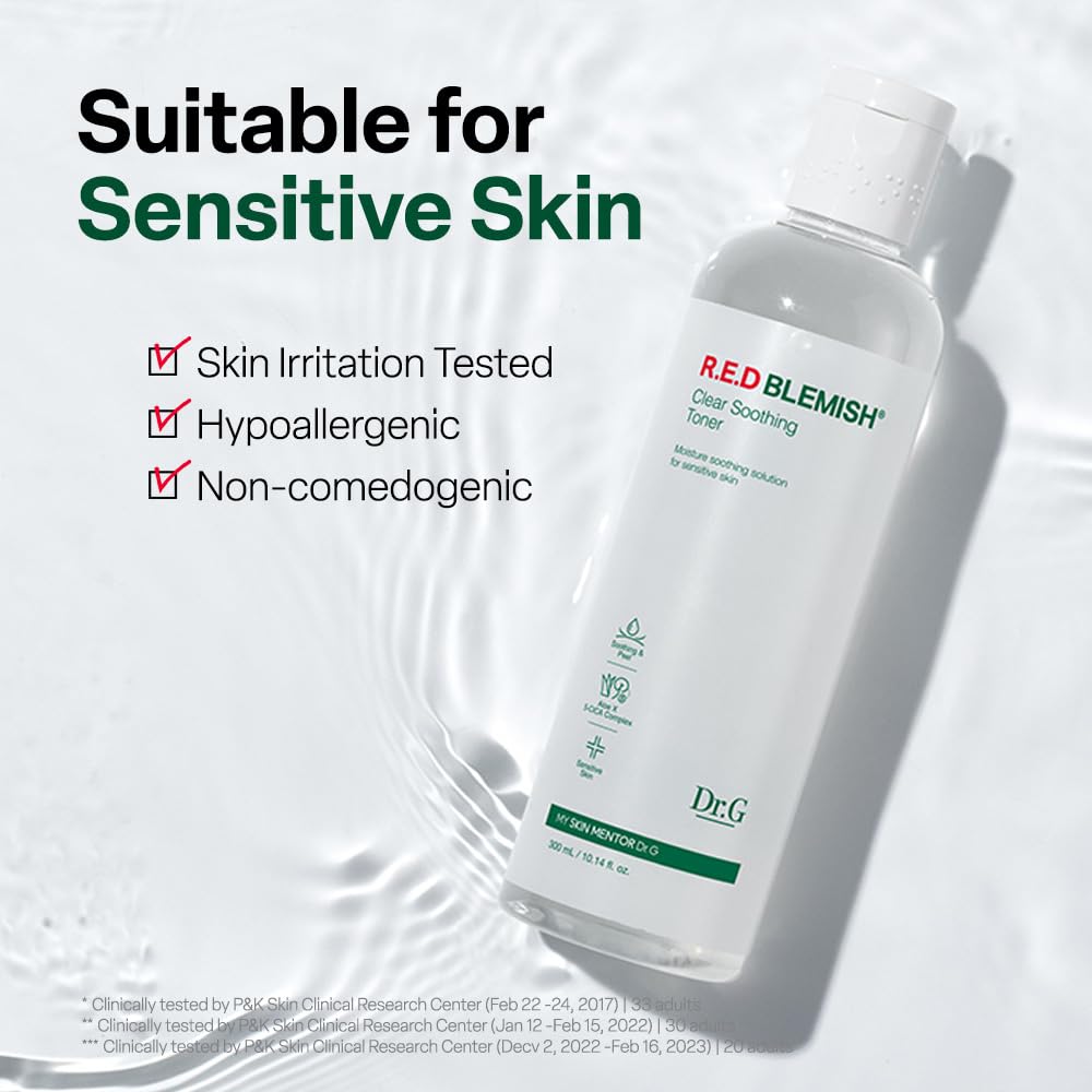 Dr. G R.E.D. Blemish Clear Soothing Toner - Korean Soothing Toner for Glowing Skin - Soothes Irritation Clear Skin - Mild Exfoliant - with AHA, BHA & Centella Asiatica - 10.14 fl oz