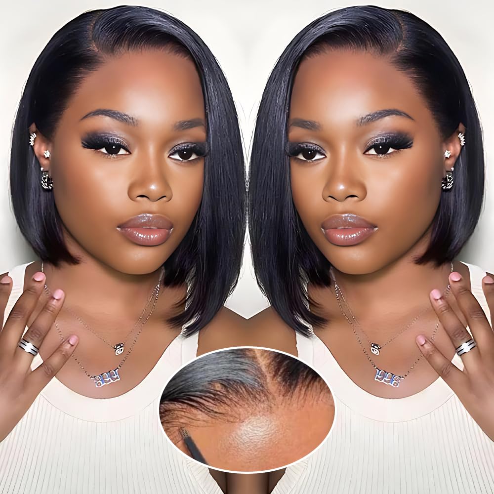 GUDOZO 9x6 Bob Wig Human Hair Glueless Wigs Human Hair Pre Plucked Pre Cut HD Lace Front Glueless Wigs Human Hair 200% Density Short Straight Bob Wigs for Black Women 12 inch
