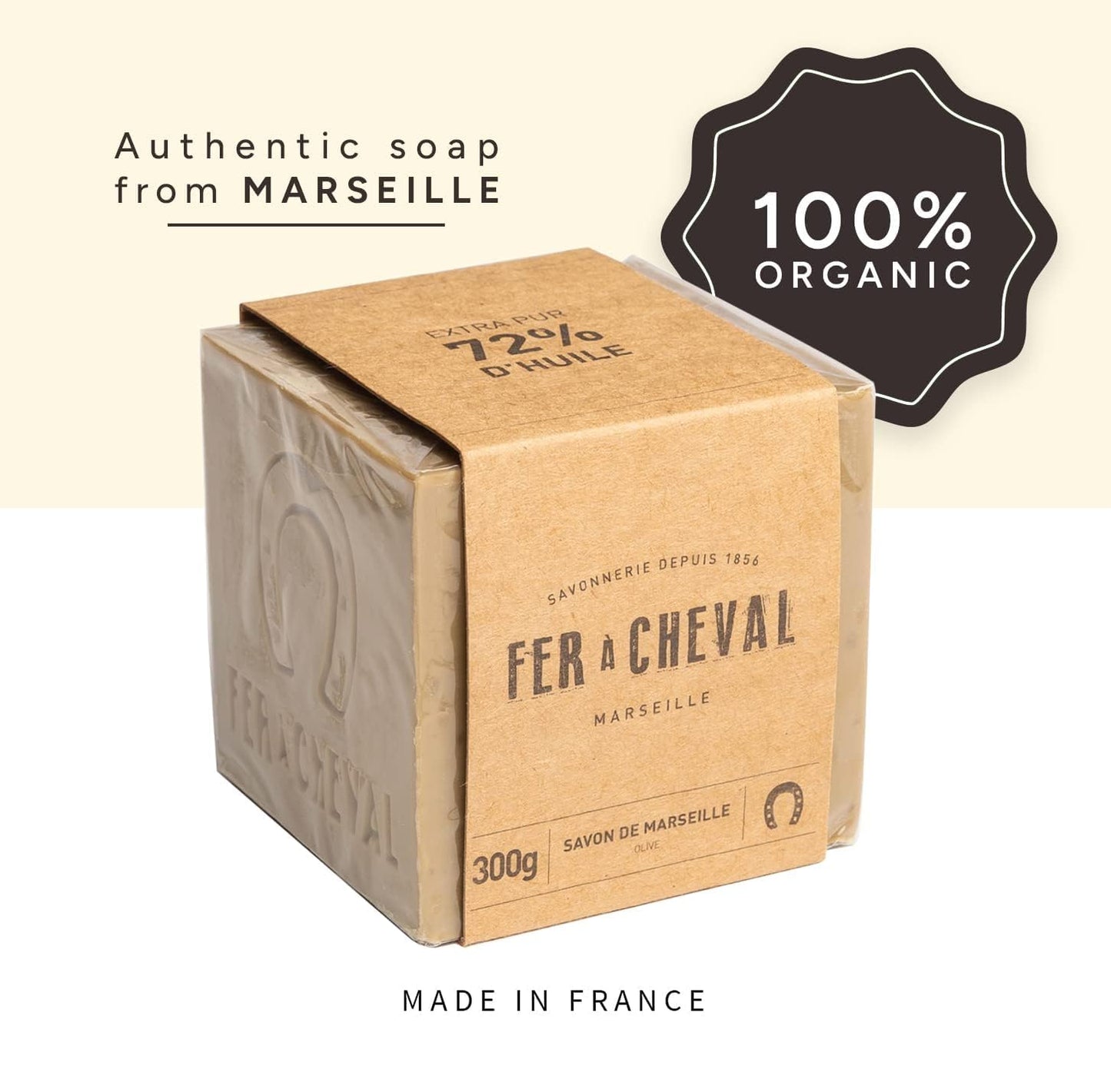 Fer à Cheval Olive Oil Soap Cube - Traditional French Artisan Soap, Palm Oil Free | 300g/10.58oz (2 Pack)