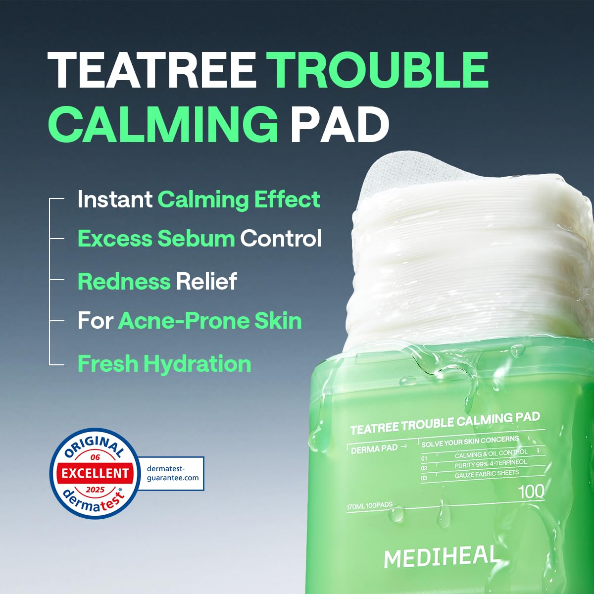 Mediheal Toner Pads 100 Count - Teatree Trouble Calming - Contains Purity 99% Teatree (4-Terpineol) - For Sensitive & Acne Prone Skin - Vegan Hypoallergenic Face Gauze, Korean Skin Care