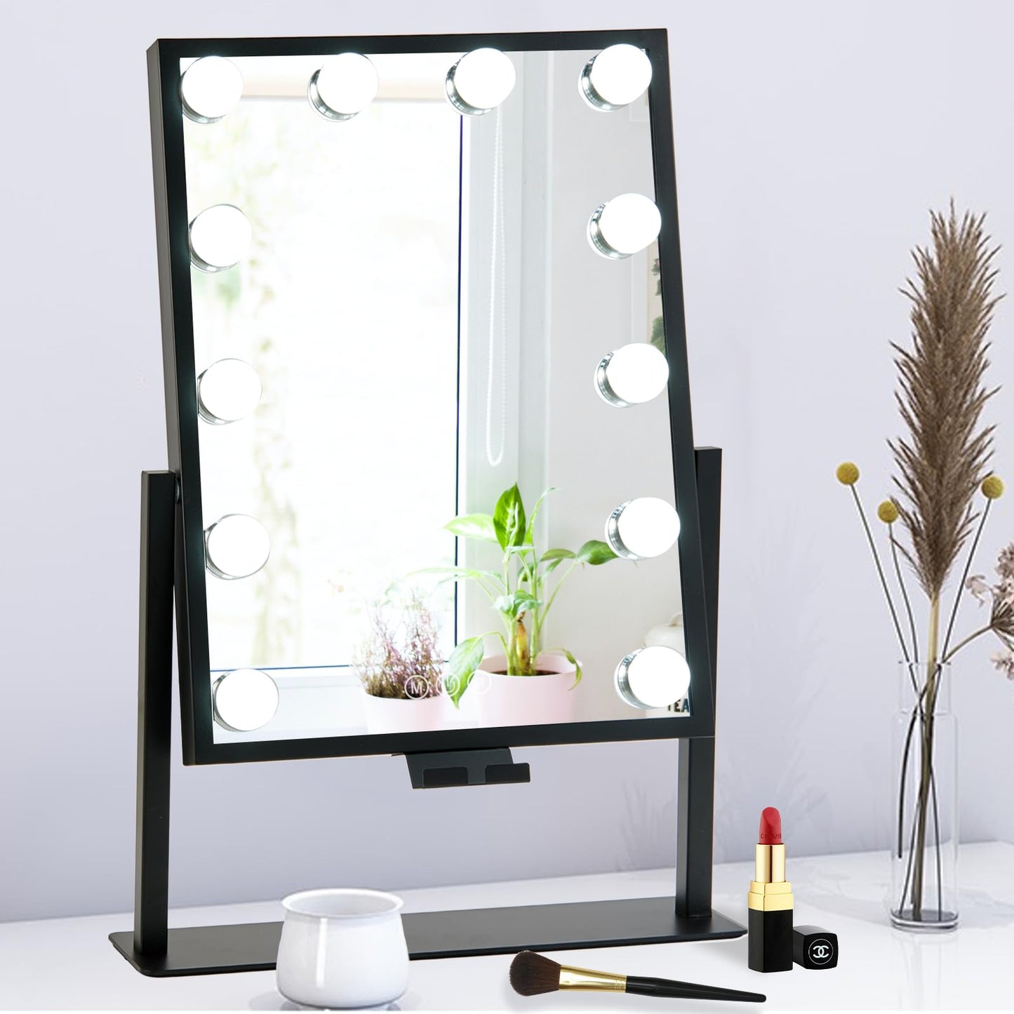 BWLLNI Lighted Makeup Mirror, Vanity Mirror with Lights, Hollywood Vanity Mirror with 9 Dimmable Bulbs Lights, 3 Lighting Modes, Detachable 10X Magnification Mirror, Smart Touch Control, 360°Rotation
