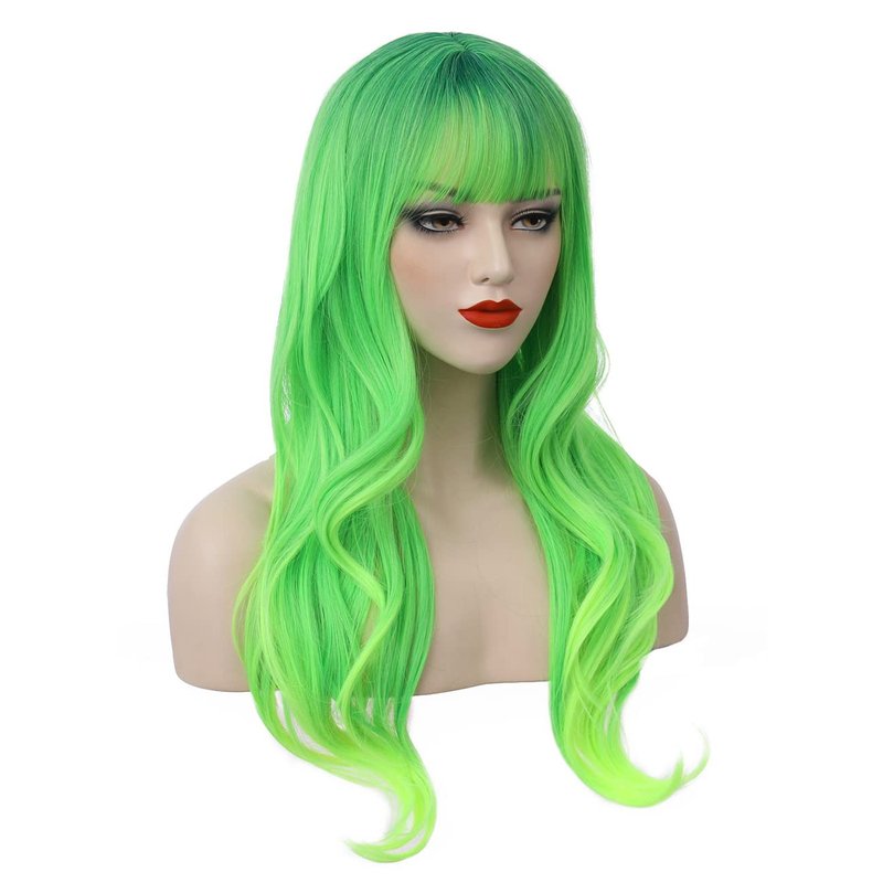 PATTNIUM Long Wavy Wig with Bangs Wig for Women Long Wig Cosplay Wig Heat Resistant Synthetic Wig (Lime Green)