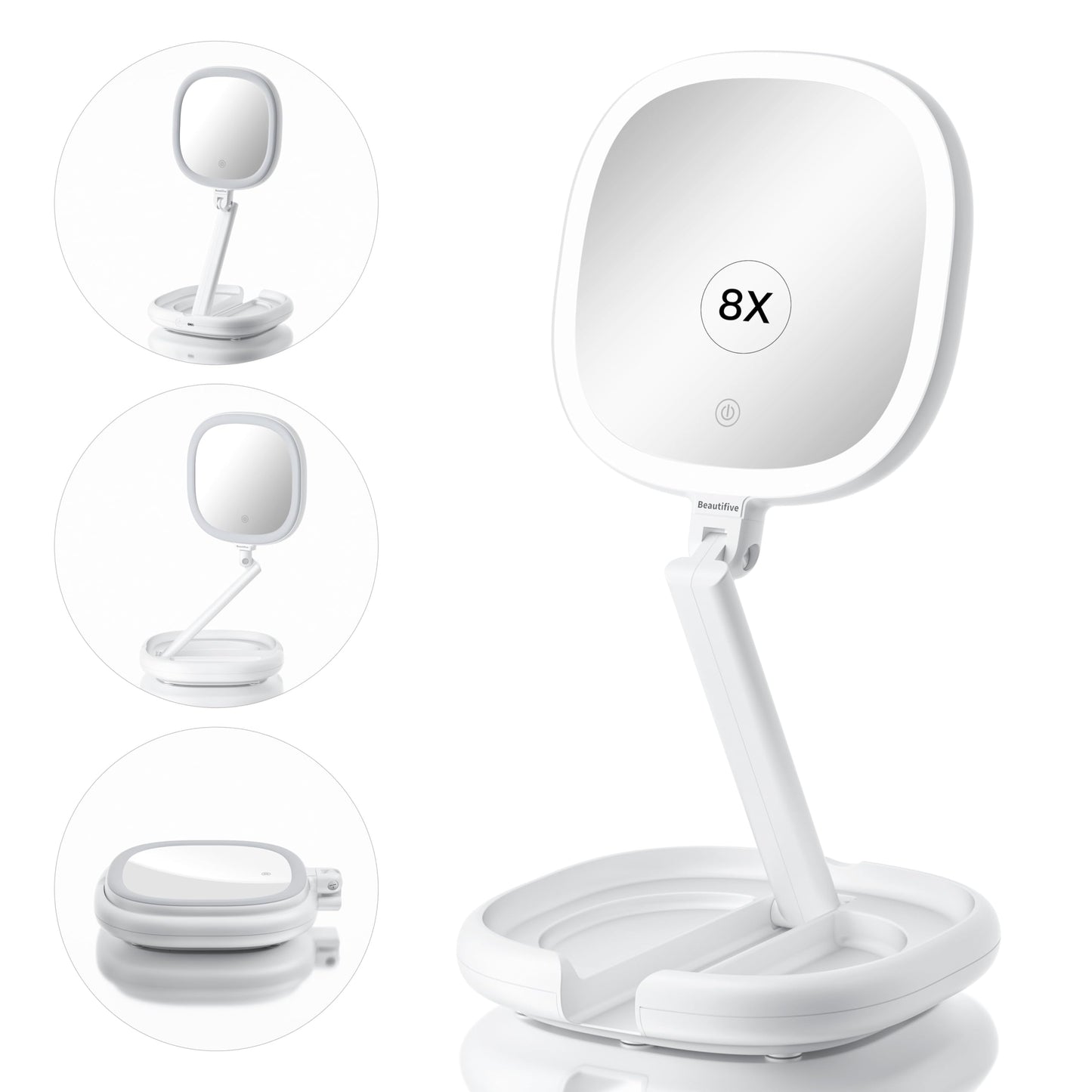 Beautifive 6.3" Makeup Mirror, 1X/8X Magnification, 3 Light Modes, Plug-in or Battery Operated Double-Sided Lighted Vanity Mirror, Adjustable Height Stand for Home, Women