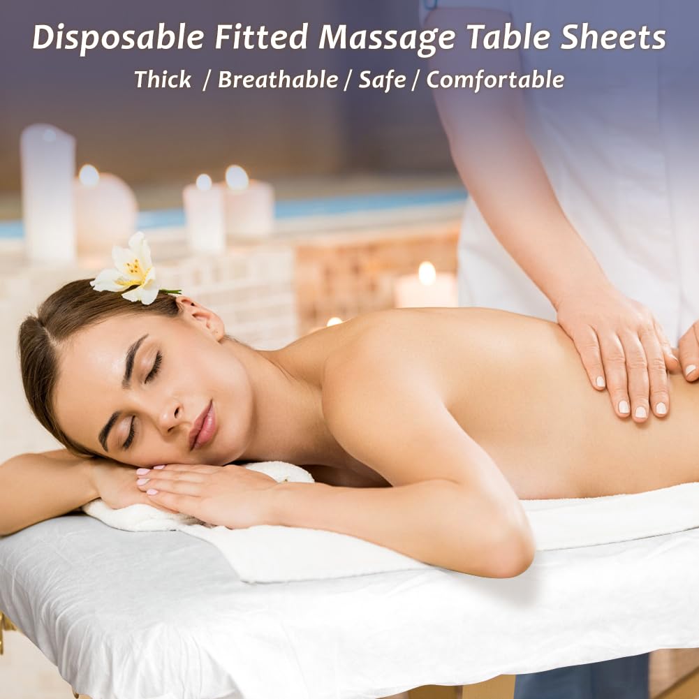 Tvvcalk 50PCS Disposable Fitted Massage Table Sheets, Heavy Duty Elastic Disposable Bed Cover, Breathable Disposable Fitted Sheets for Spa White Non Woven Fabric 36 x 85 Inch