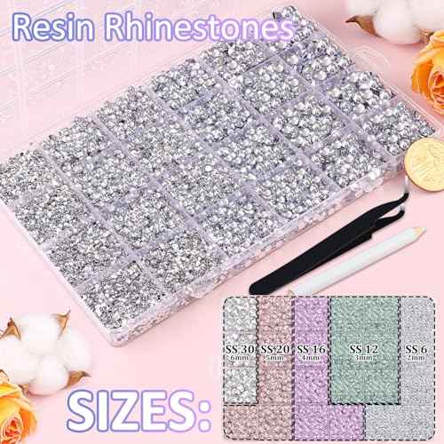30000Pcs Resin Rhinestones for Bedazzling, Silver Clear Flatback Gems for Diamond Art, Crystal Bedazzler Kit with 3Pcs 10ml B7000 Jewelry Glue for Nail Art Crafting Clothing Book Makeup