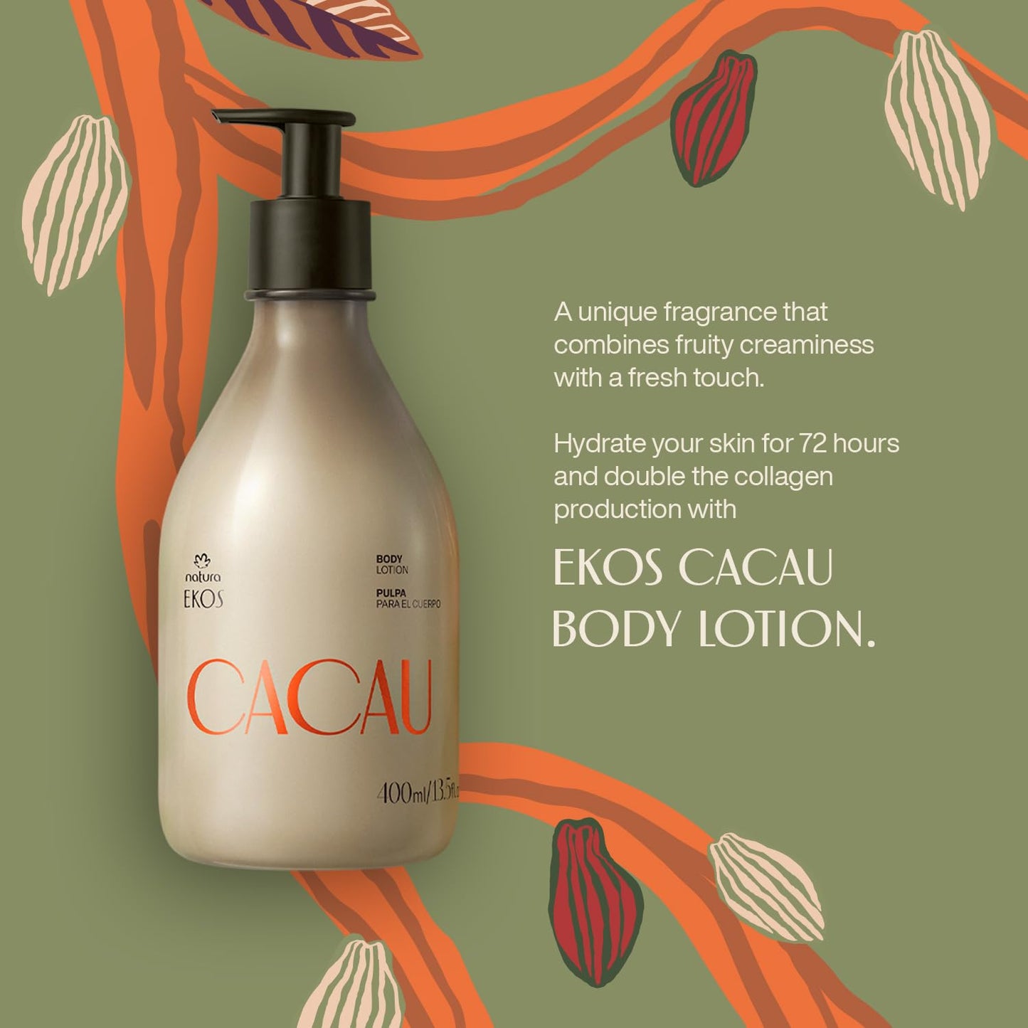 natura Ekos Cacau Collagen Boosting Body Lotion - Vegan Skin Care - Moisturize & Firm Skin Texture - Boost Collagen Production - Brazilian Beauty Secrets - Self Care & Body Care - 13.5 fl oz (400 ml)