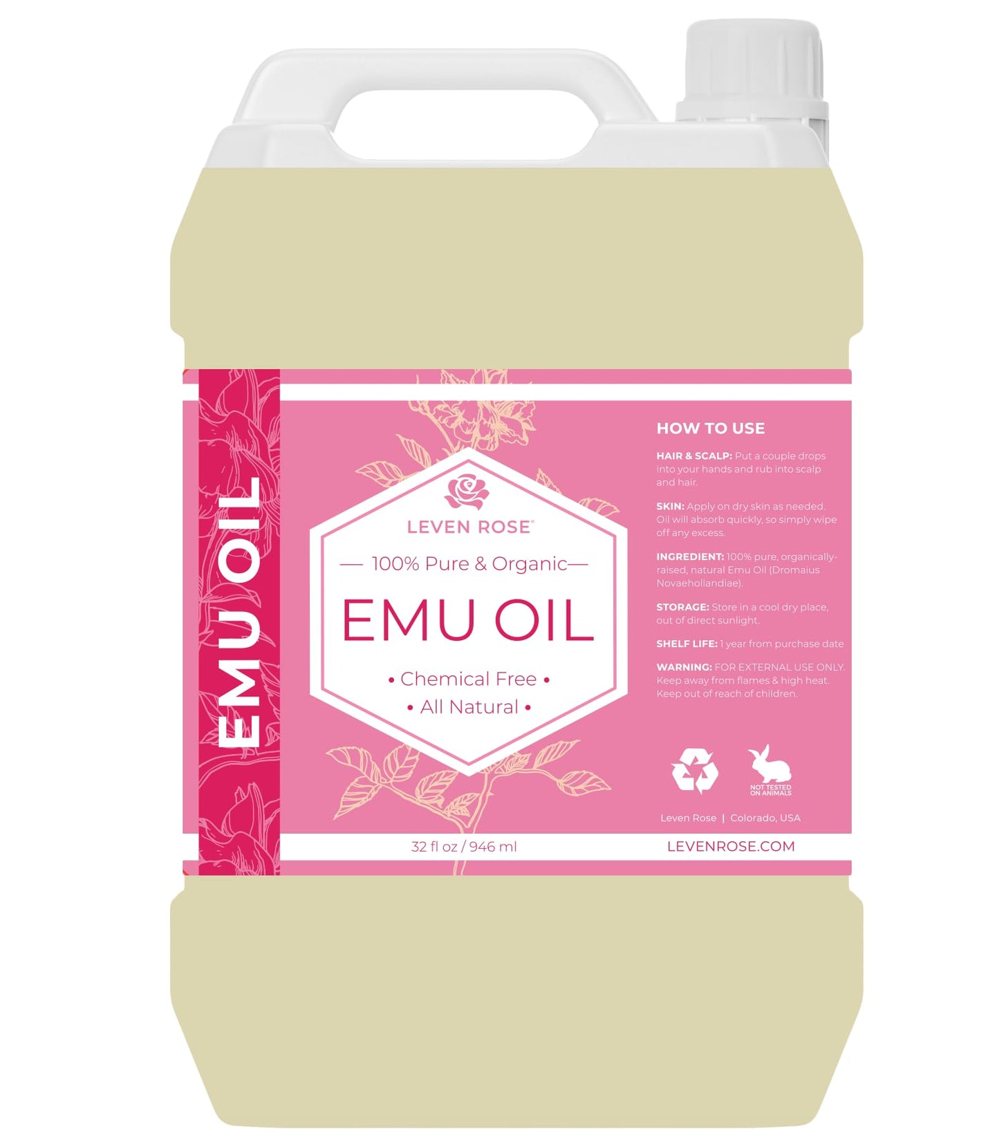 Leven Rose Emu Oil 32oz bulk, 100% Pure Natural Hair Strengthener Anti Aging Skin Moisturizer