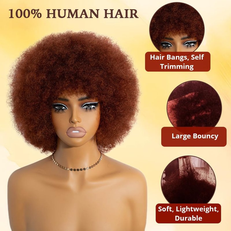 Rebecca Q Afro Human Hair Wigs 70s Short Afro Wig for Black Women Short Kinky Curly Glueless wig with Bangs for Daily Cosplay Party (Reddish Brown)
