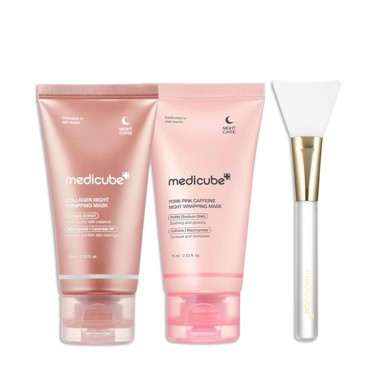 Medicube Pink Glow Wrapping Mask Duo | Collagen & Caffeine Peel-Off Facial Masks with Brush - Overnight Treatment