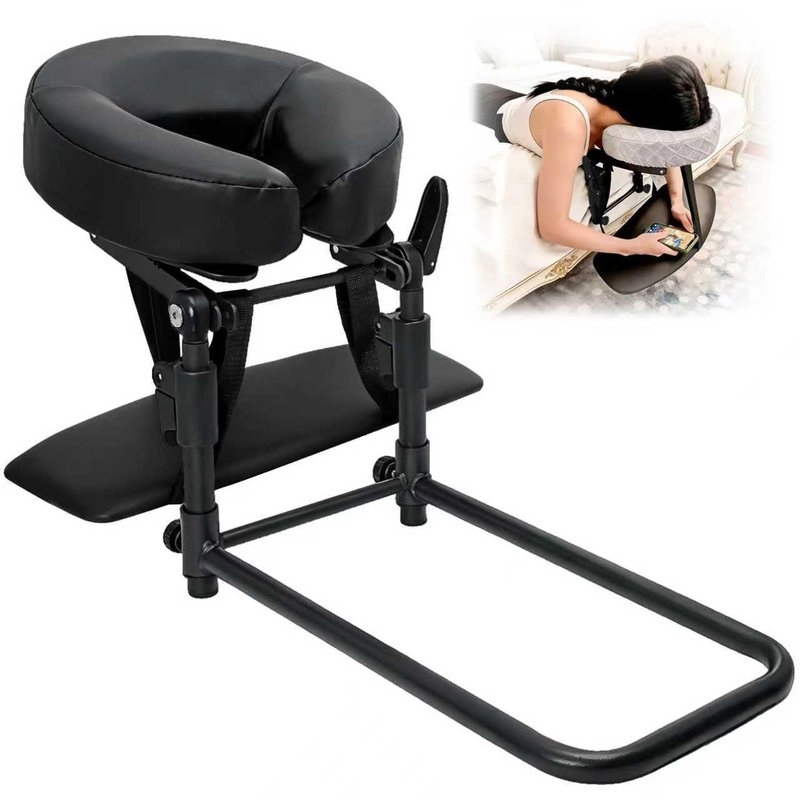 Massage Headrest for Bed with Arm Rest,Adjustable Face Cradle for Home Massage Kit,Portable Bed Massage Head Holder & Face Down Pillow After Eye Surgery,With Pillow Covers (Fabric & PU Leather),Black
