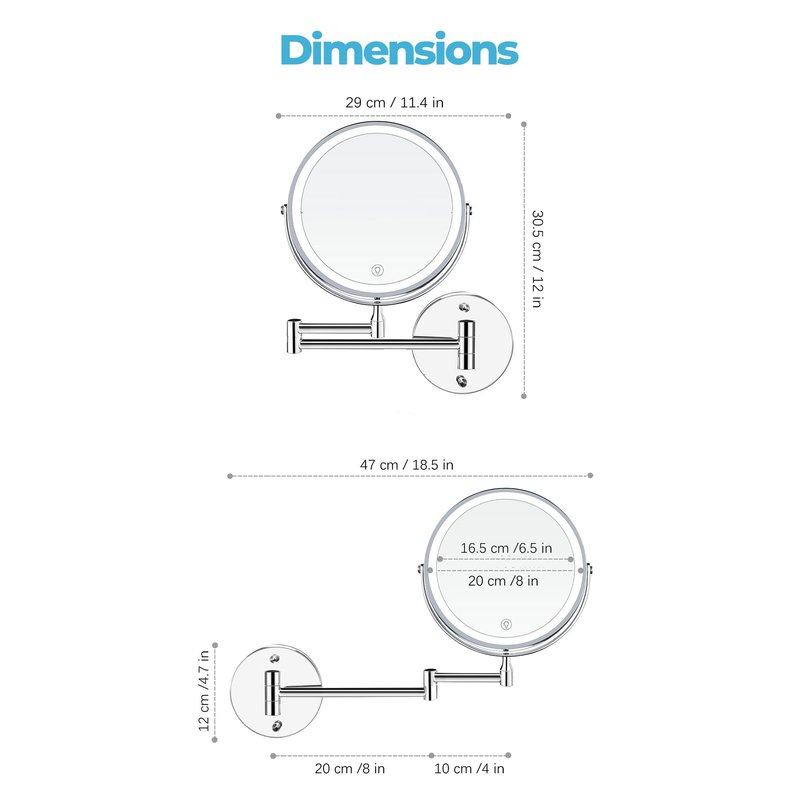 Fab Glass and Mirror Lighted Vanity Wall Mirror 1X/10X Magnifying, 8" Rechargeable 2000mAh Wall Mounted Makeup with 3 Color LED, Double-Sided Bathroom Touch Dimmable 360 Rotation Chrome