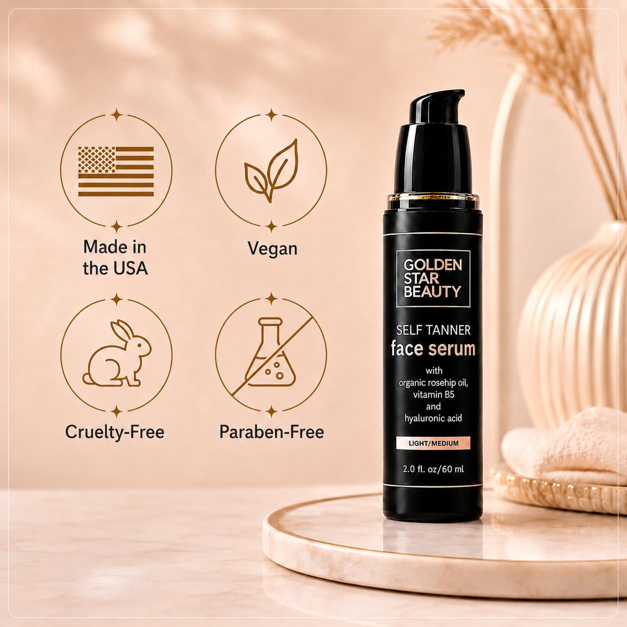 Face Tanner – Self Tan Serum w/Hyaluronic Acid, US Made with Certified Organic Ingredients, Streak-Free, No Orange, Natural Glow, Sensitive Skin Safe, Sunless Facial Tanner, Medium to Dark, 2.0 fl oz