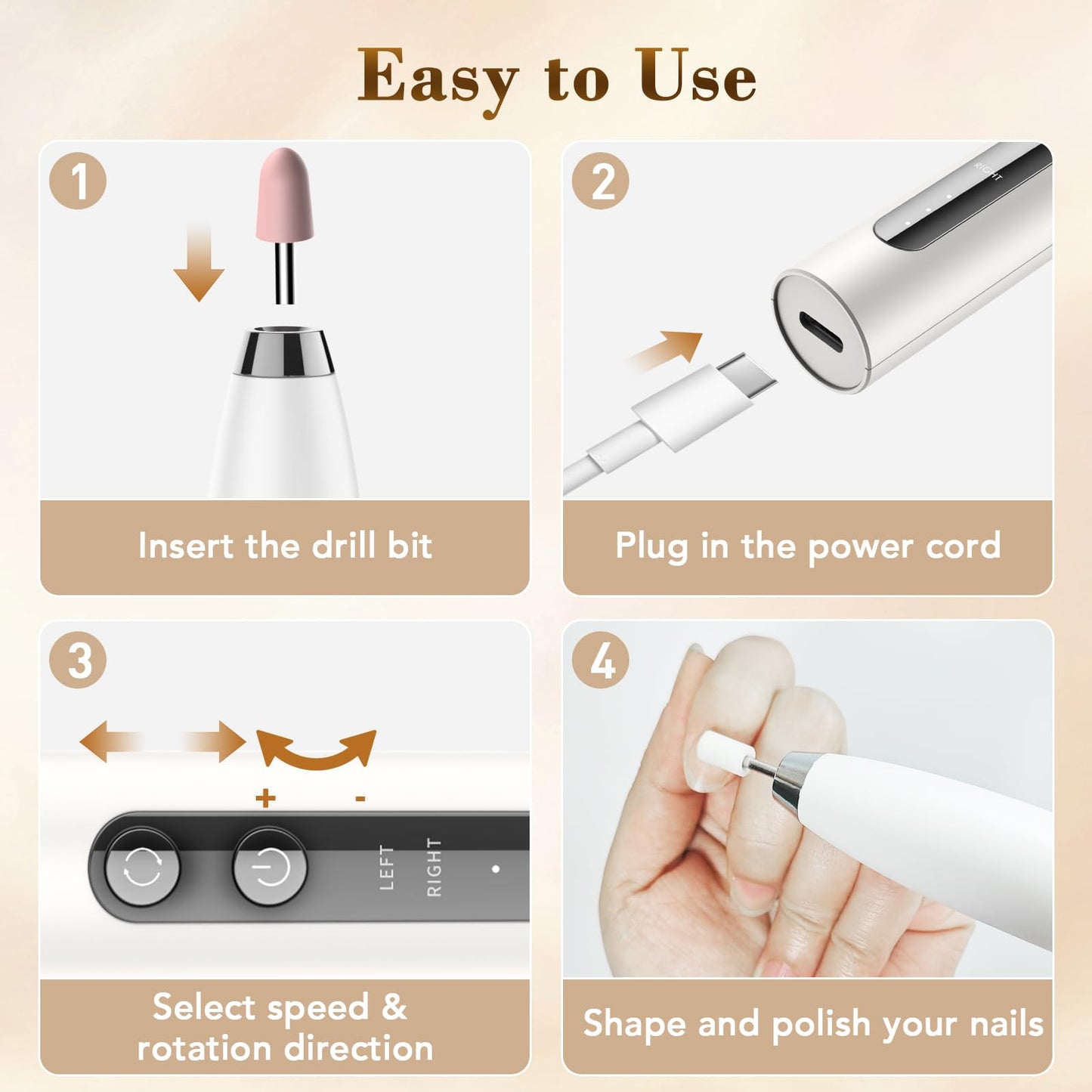 DOCOCO Electric Nail Drill, 35000RPM Electric Nail File with 3 Adjustable Speeds, Rechargeable Efile Set for Acrylic Gel Nails, Nail Dremel Tool for Women, Salon, Home
