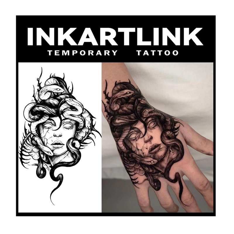 INKARTLINK Tattoo Tech, 2 Sheets Extra Large Semi Permanent Tattoo, Adult Art Design Temporary Tattoos, Lasts 1-2 Weeks, Waterproof, Realistic Look, No Adhesive, No Reflection (Medusa)