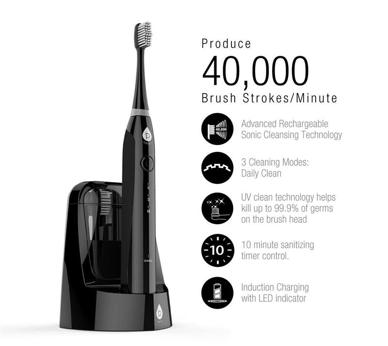 Pursonic S750 Sonic Toothbrush - Smart Rechargeable Electric Toothbrush for Adults | Black, 12 Extra Brush Heads