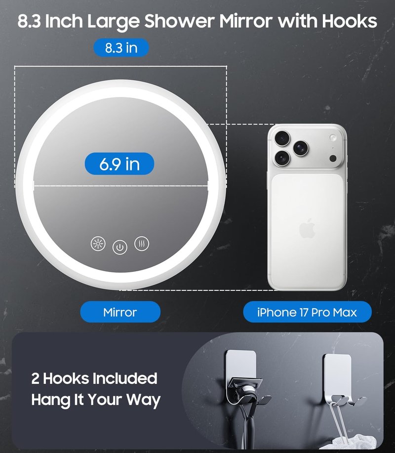 Fogless Shower Mirror with Light - 5000mAh Rechargeable Heated Design | 8.3” Dimmable, 360° Swivel for Men