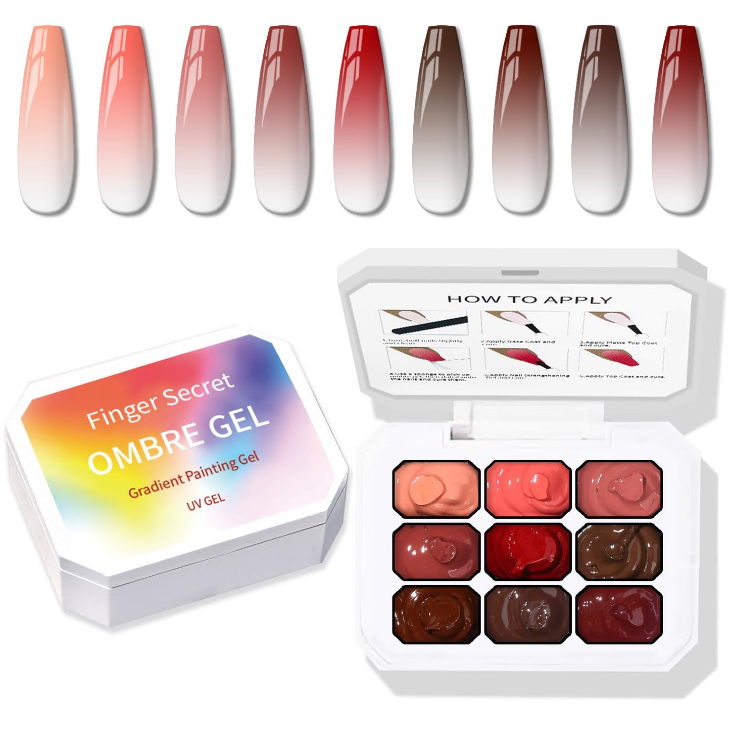 Ombre Nail Gel Set - 9 Colors Sponge Pat Paint for Floral Nail Art, No Wipe, UV/LED Curing