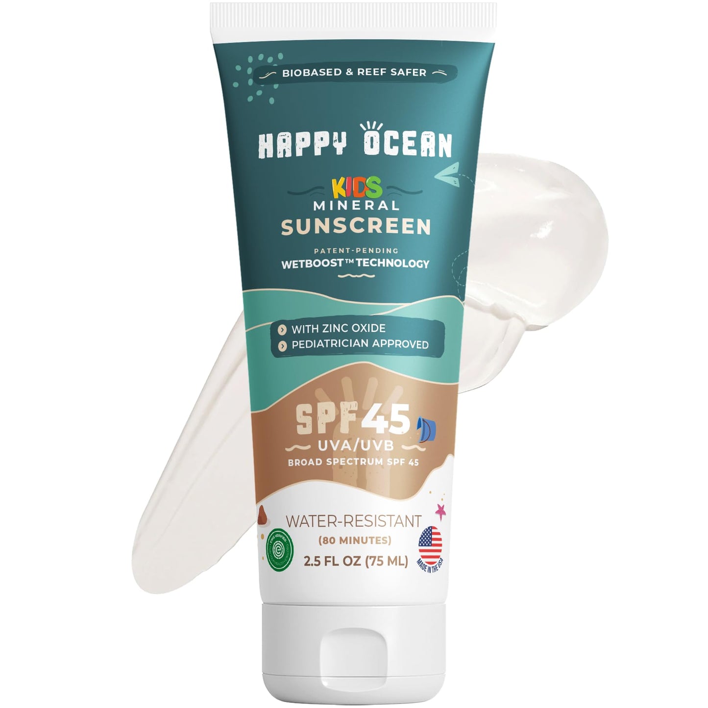 Happy Ocean Kids Mineral Sunscreen SPF 45 – Reef Safe, Non-Toxic for Babies & Toddlers, Zinc Oxide, Water Resistant, Travel Size, Face & Body